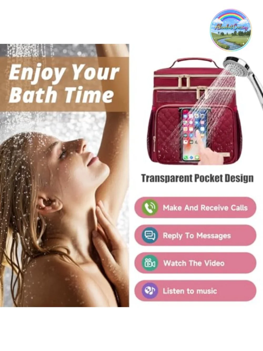 Large Toiletry Bag with Waterproof Phone Pocket, Oxford Fabric, Portable Shower